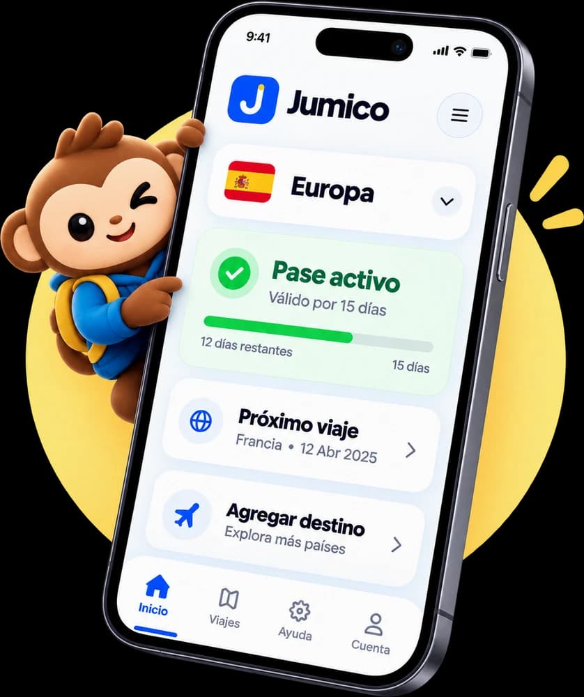 Jumico asomado junto a un teléfono con Mi Jumico: pase activo en Europa y días restantes